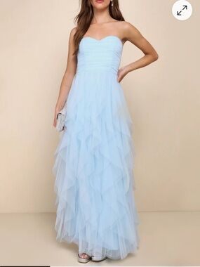 Lulu's Powder Blue Strapless Ruffled Tulle Gown